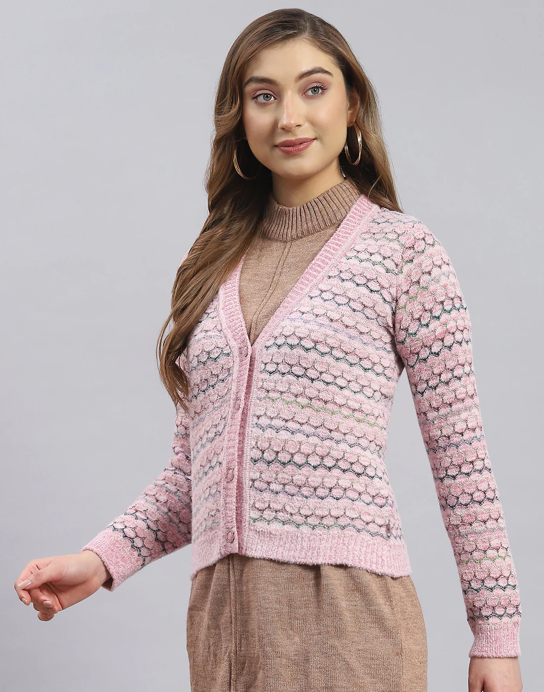 Women Pink Self Design V Neck Full Sleeve Sweater - Image 3