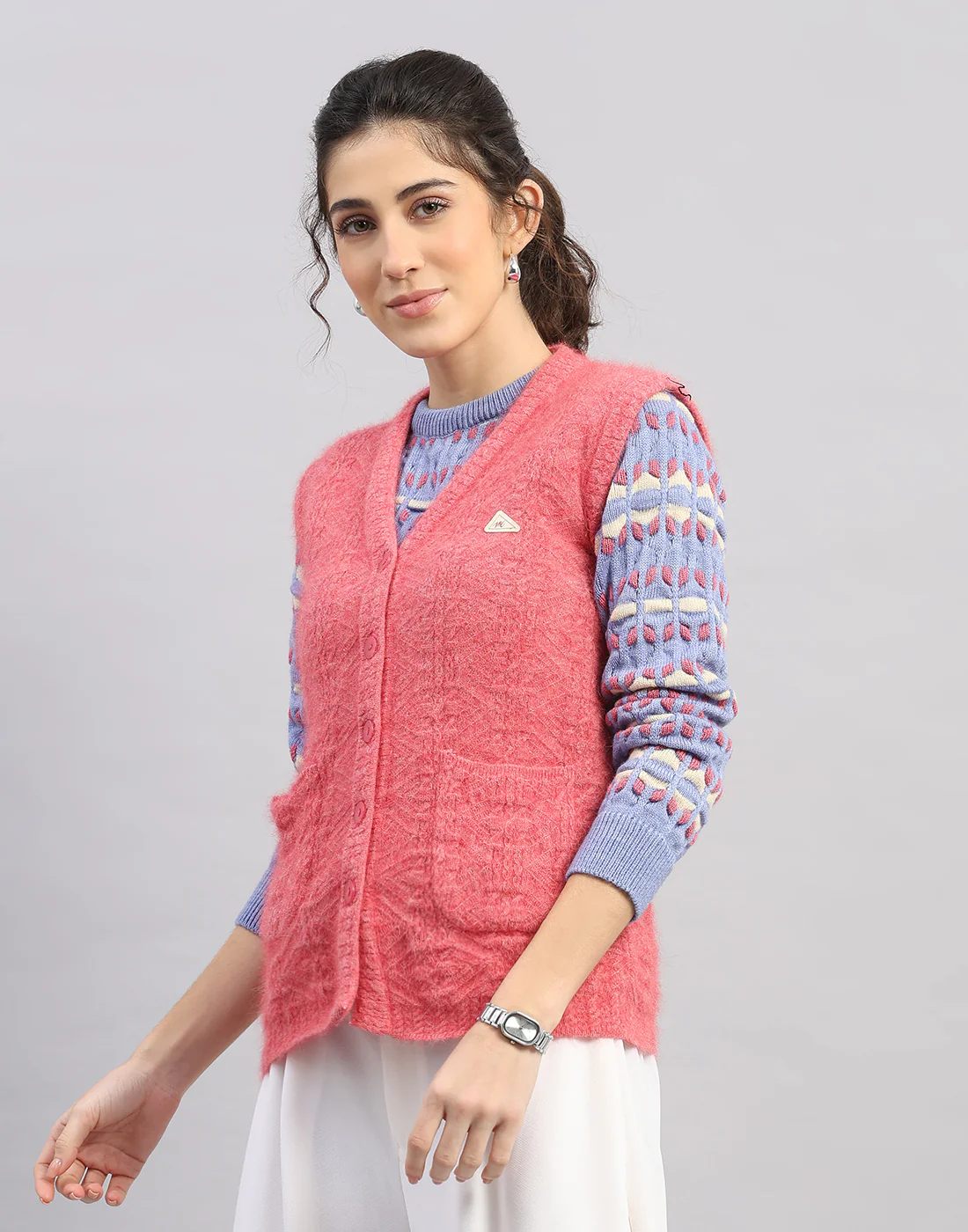 Women Pink Self Design V Neck Sleeveless Cardigan - Image 2