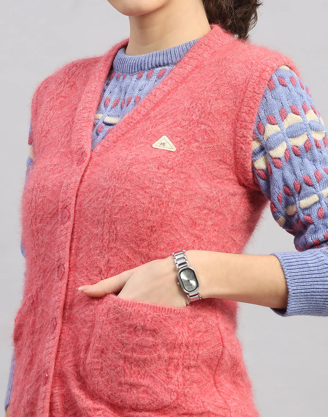 Women Pink Self Design V Neck Sleeveless Cardigan - Image 7