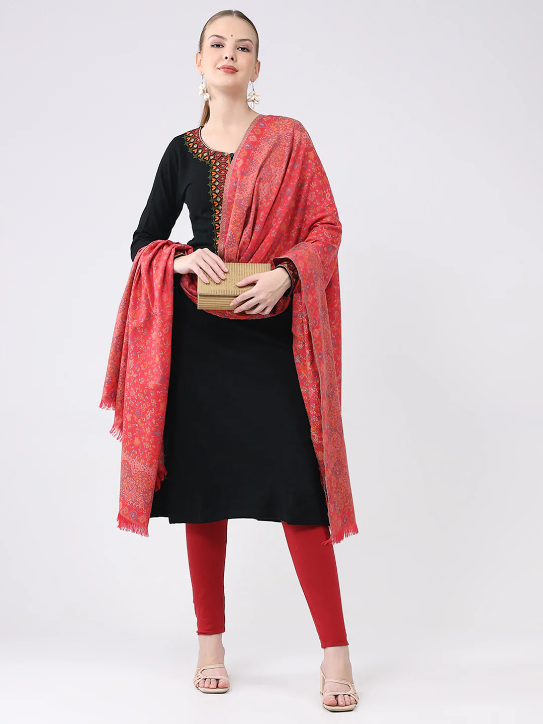 Women Pink Self Design Wool Shawl - Image 2