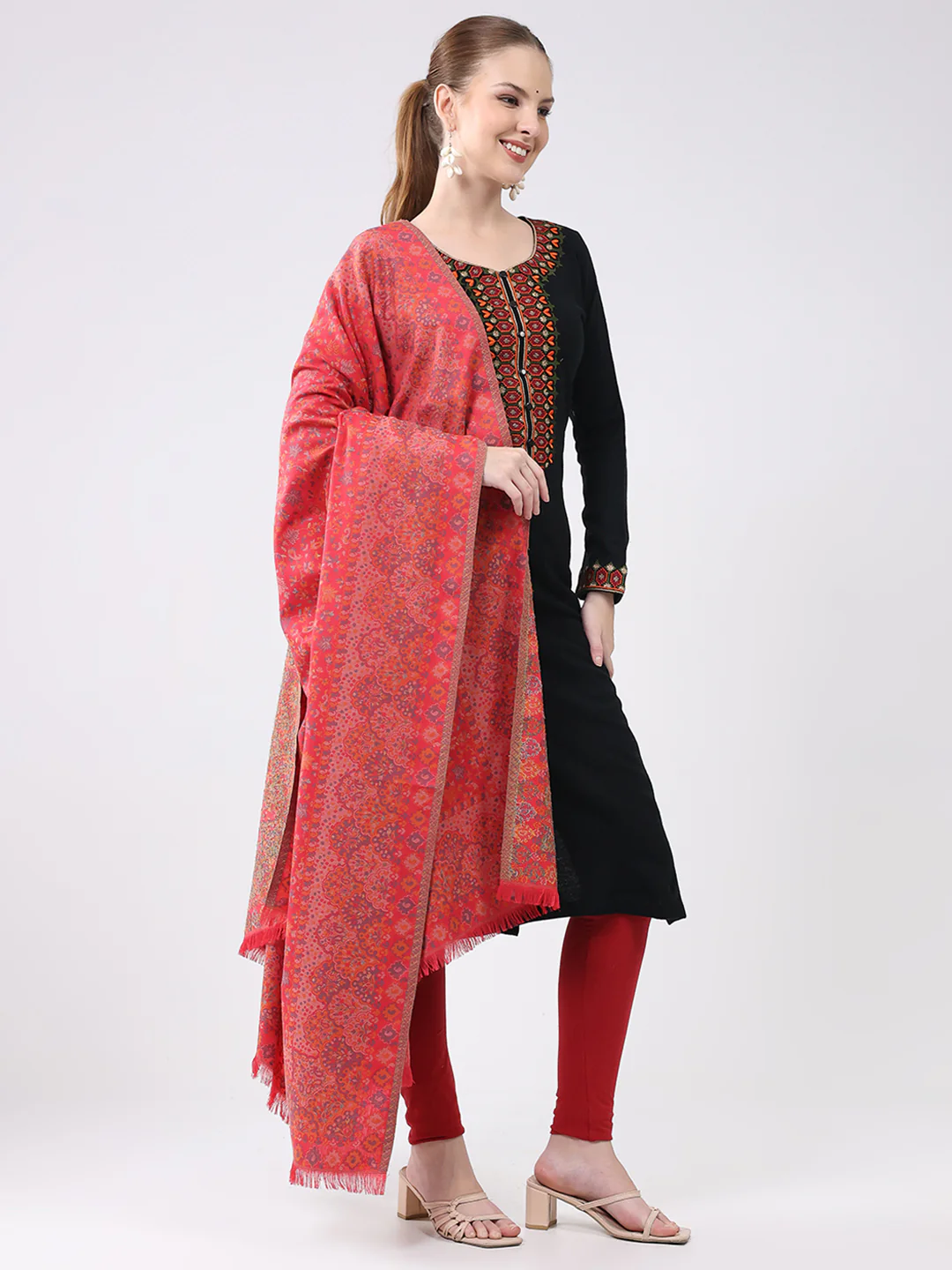 Women Pink Self Design Wool Shawl - Image 4