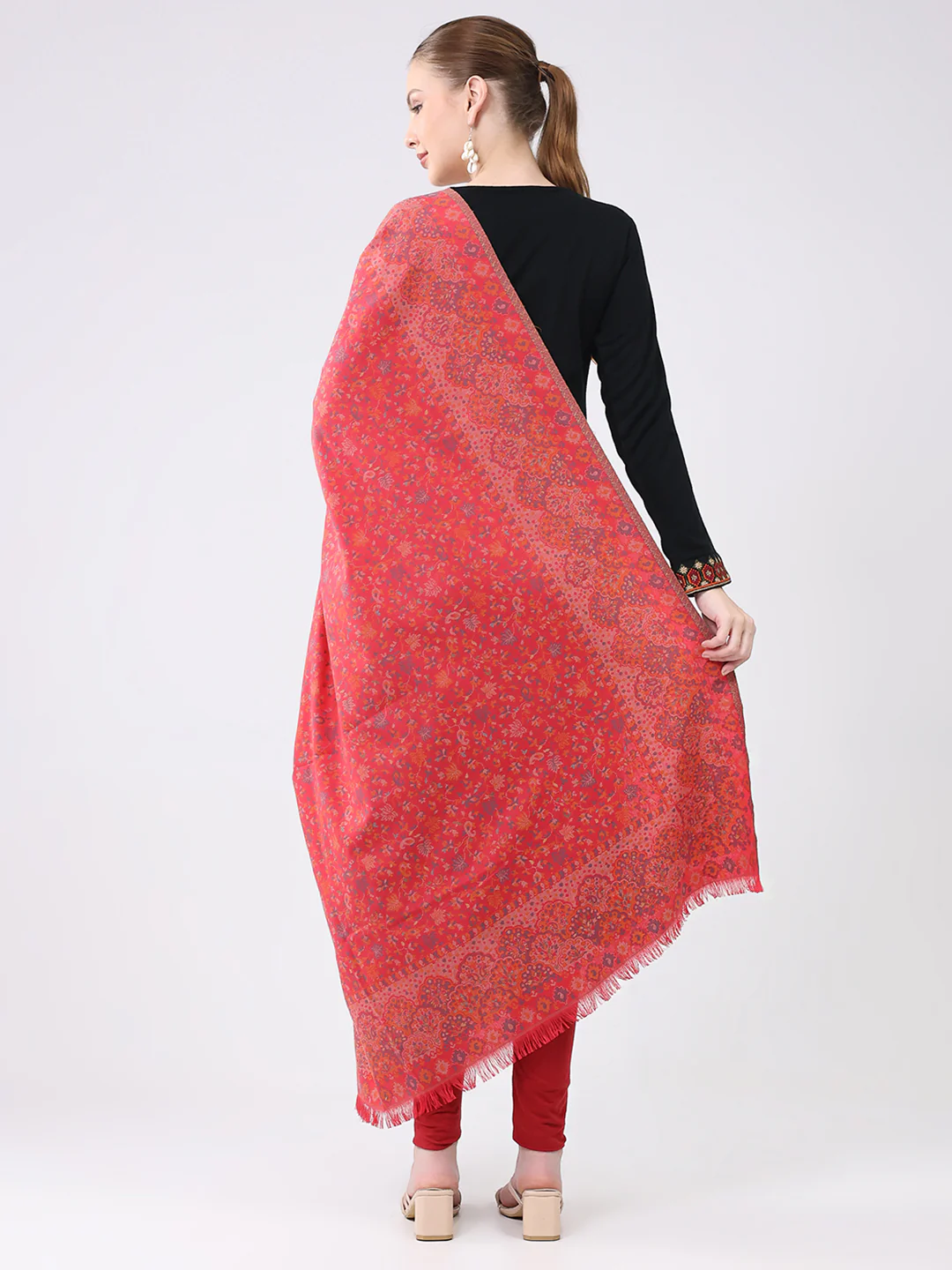 Women Pink Self Design Wool Shawl - Image 5