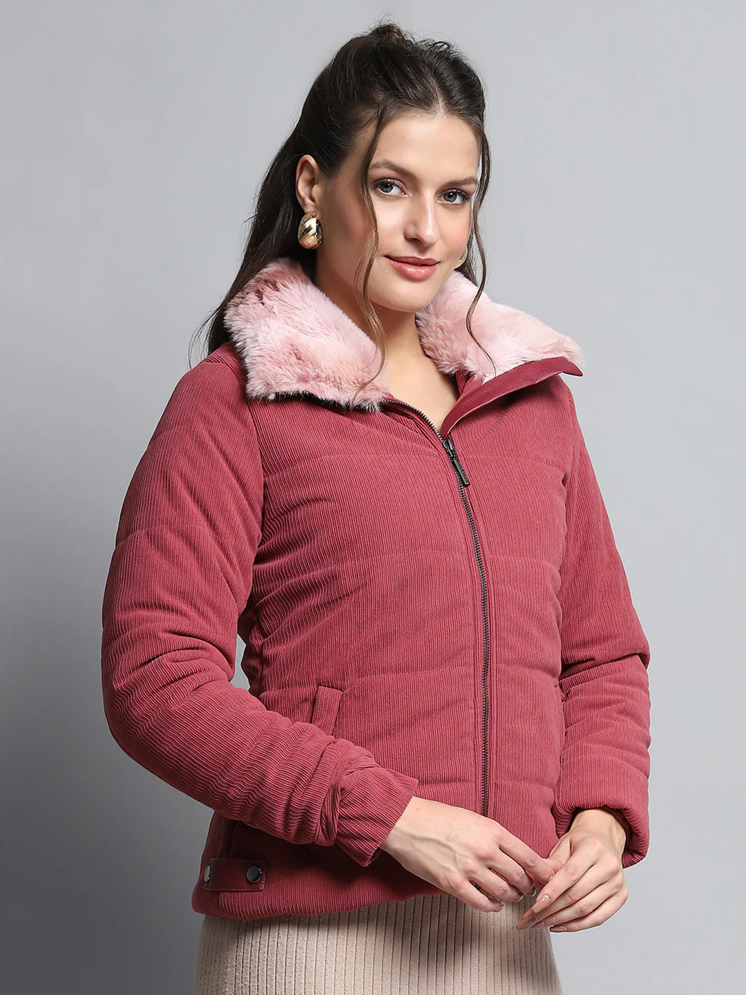 Women Pink Solid Collar Full Sleeve Jacket - Image 4