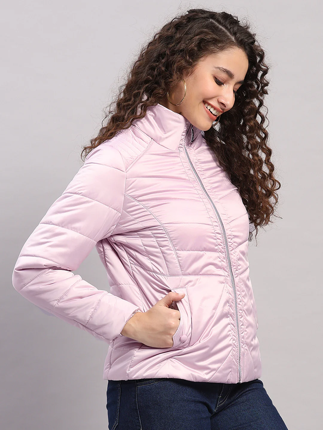 Women Pink Solid Collar Full Sleeve Jacket with Inbuilt Earphones - Image 4