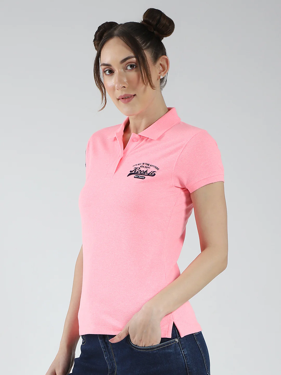 Rock.it Women Pink Solid Collar Half Sleeve T-Shirt - Image 3