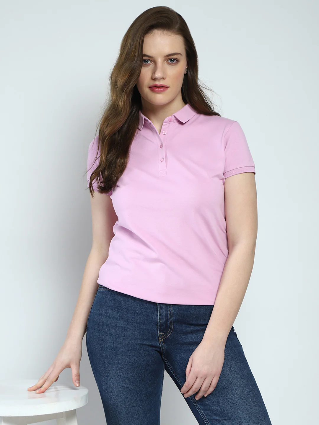 Women Pink Solid Collar Half Sleeve T-Shirt - Image 6