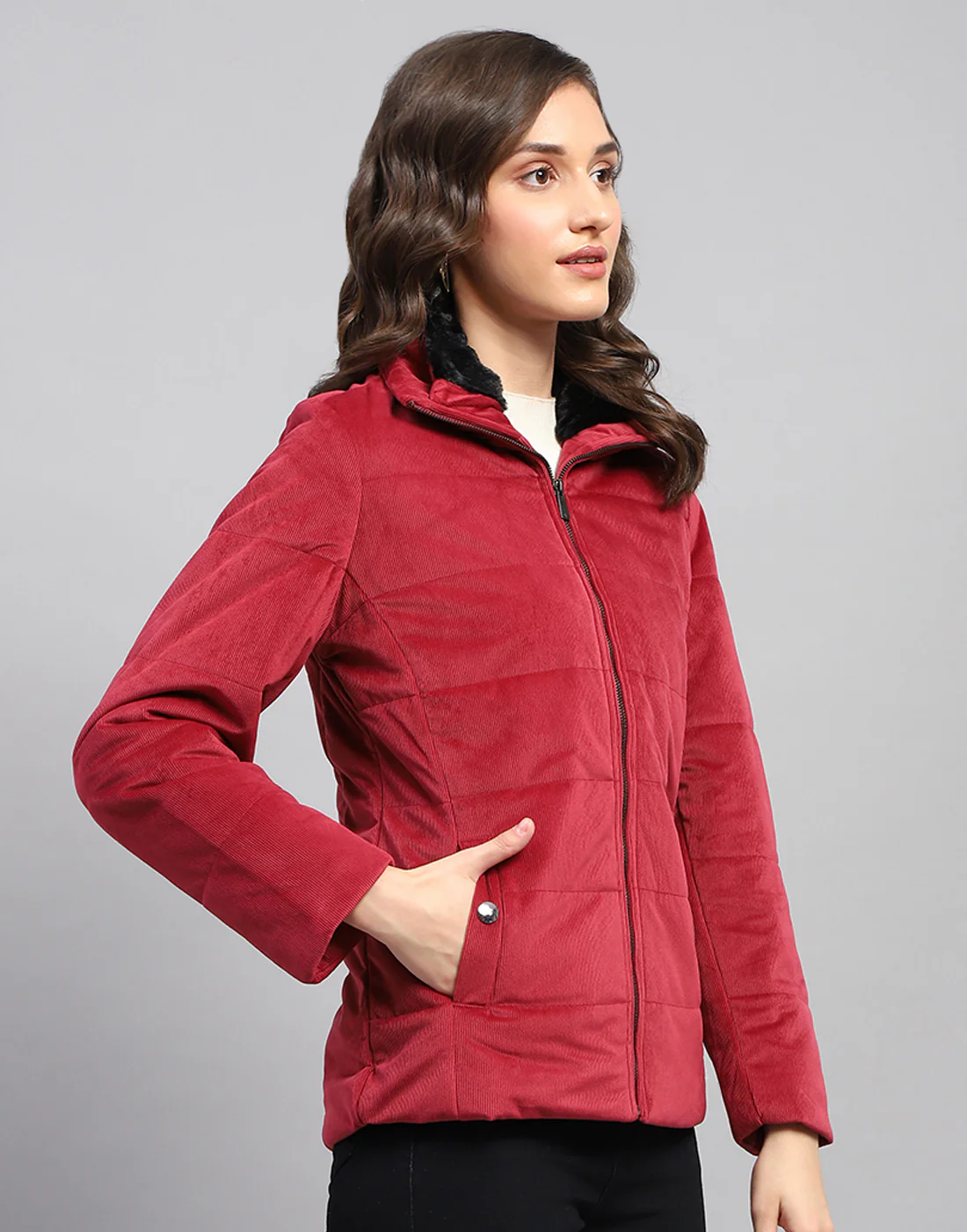Women Pink Solid High Neck Full Sleeve Jacket - Image 4