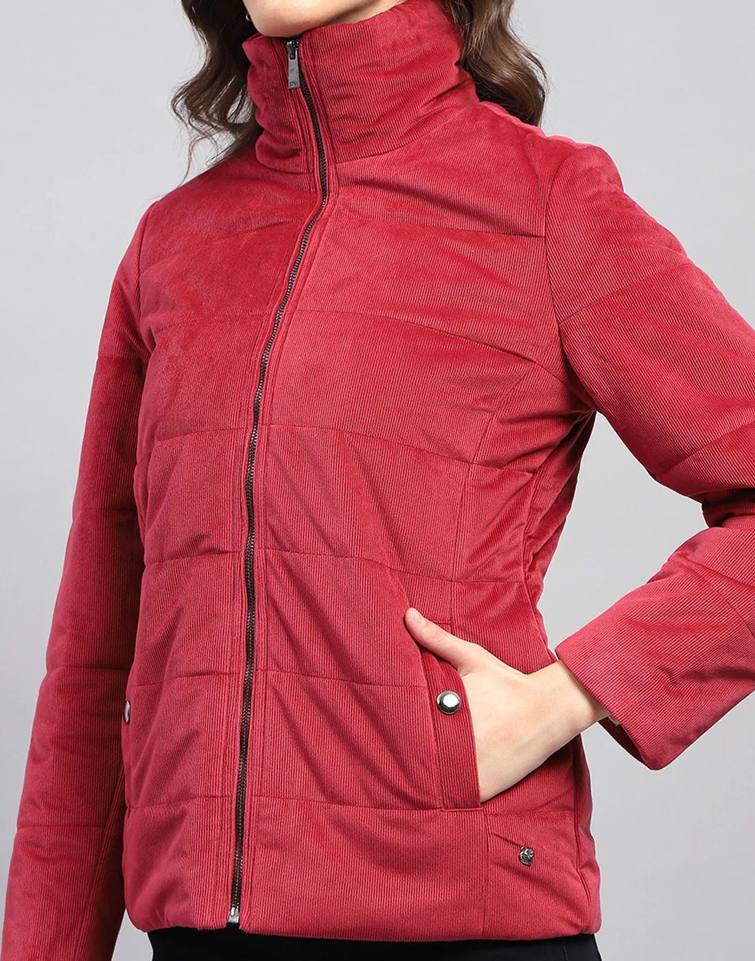 Women Pink Solid High Neck Full Sleeve Jacket - Image 6