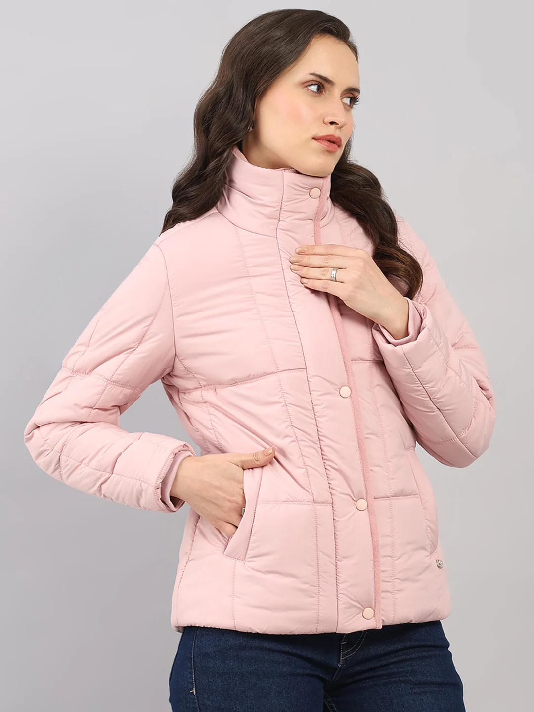 Women Pink Solid High Neck Full Sleeve Jacket - Image 4