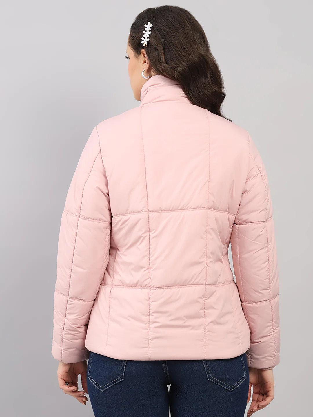 Women Pink Solid High Neck Full Sleeve Jacket - Image 5