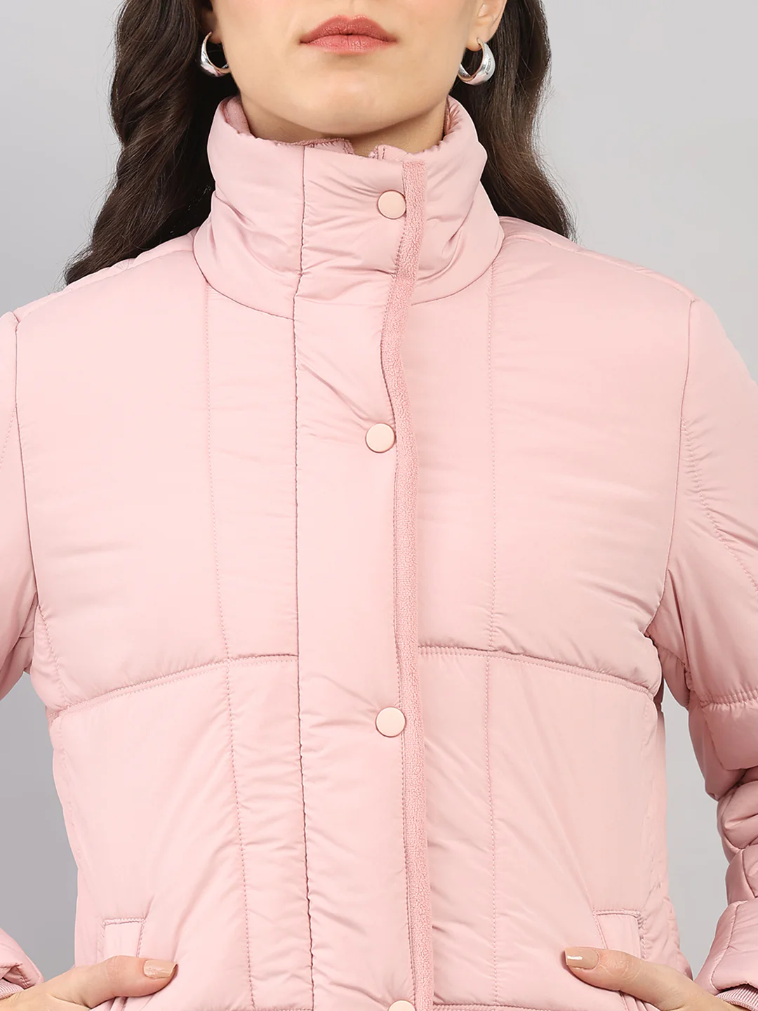 Women Pink Solid High Neck Full Sleeve Jacket - Image 6