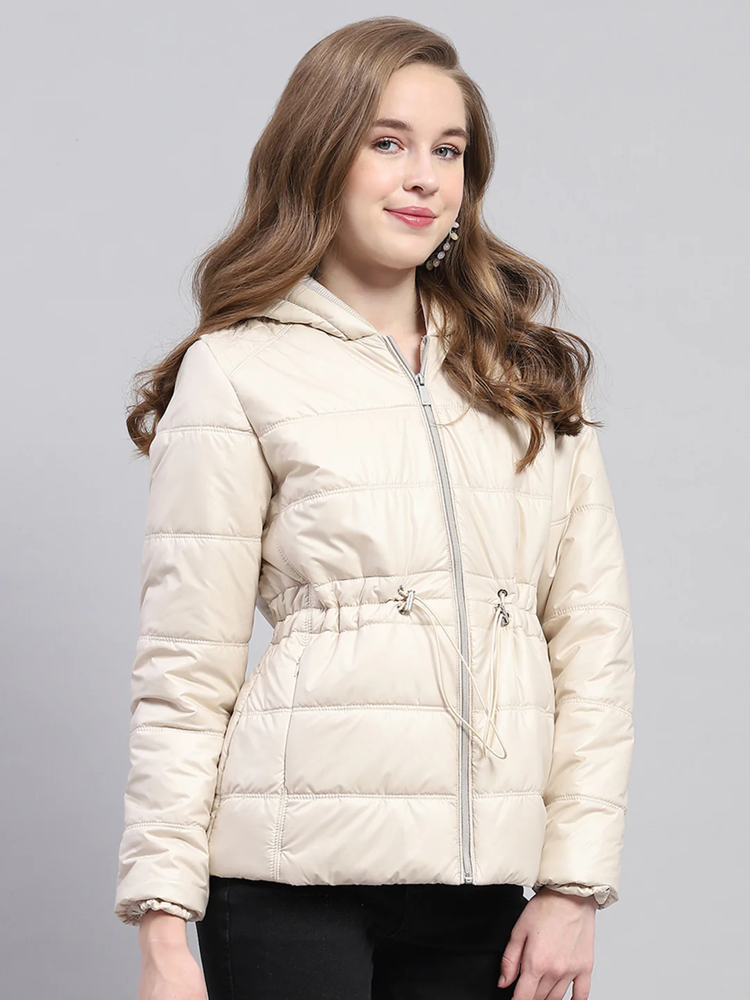 Women Beige Solid Hooded Full Sleeve Jacket - Image 4