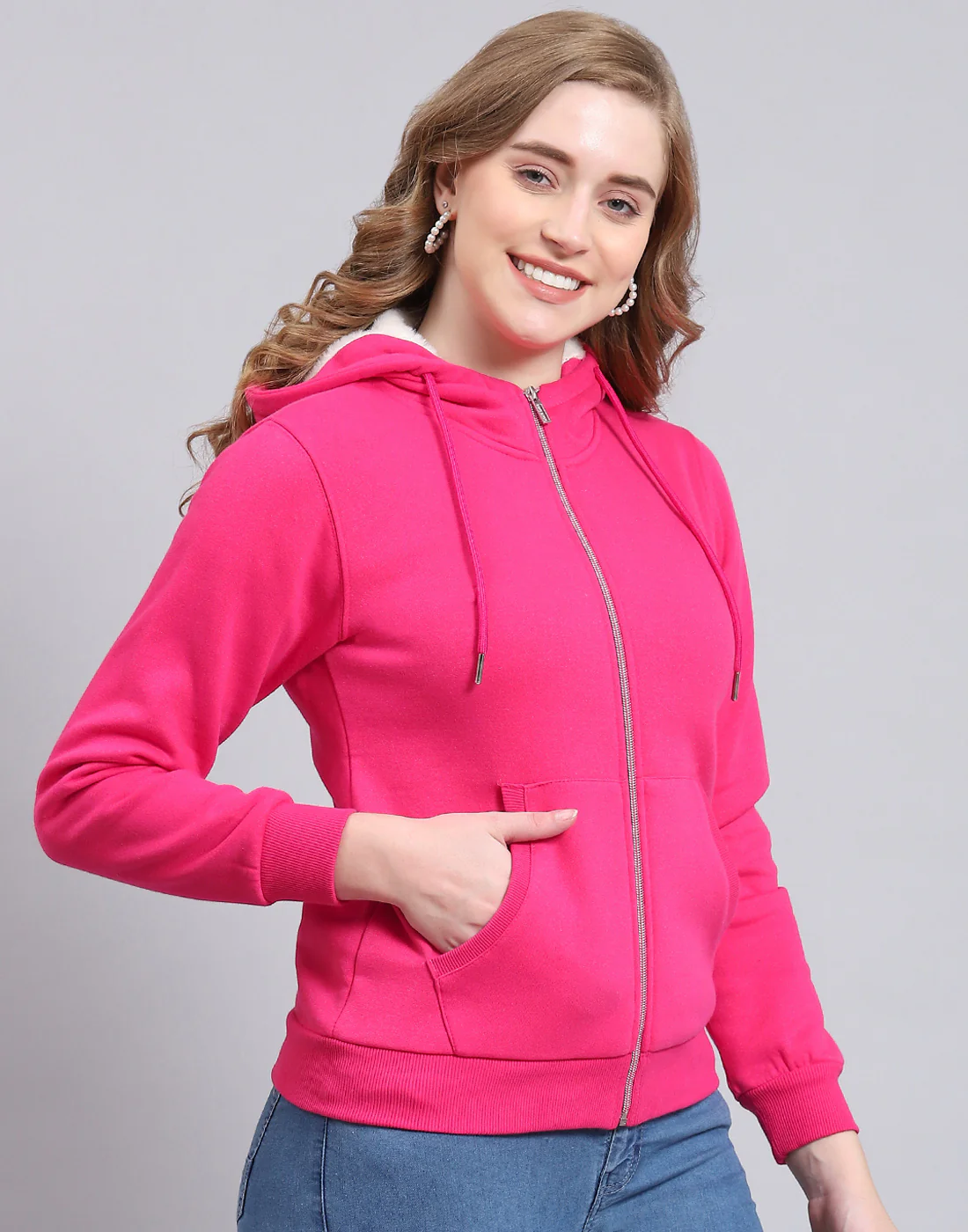 Women Pink Solid Hooded Full Sleeve Sweatshirt - Image 4