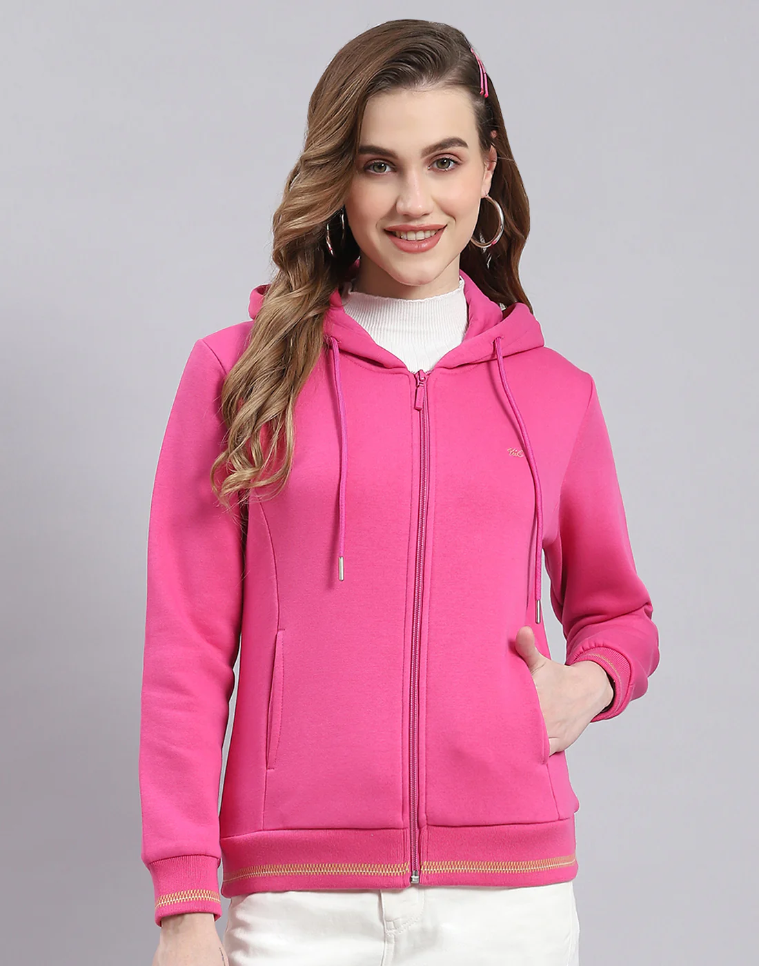 Women Pink Solid Hooded Full Sleeve Sweatshirt - Image 2