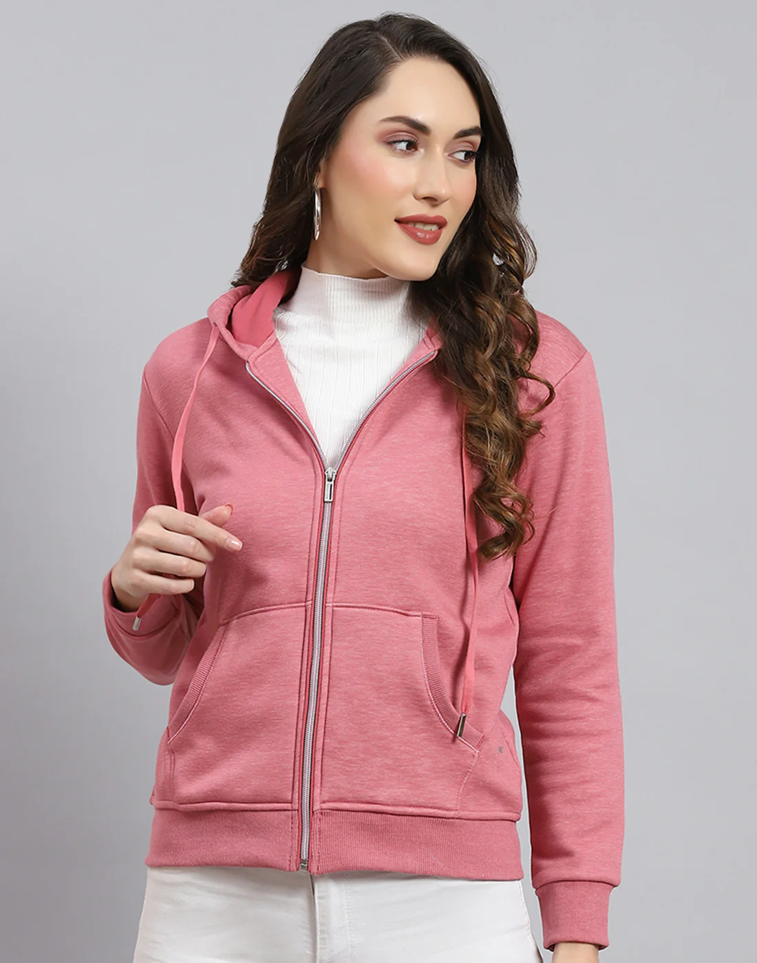 Women Pink Solid Hooded Full Sleeve Sweatshirt - Image 2