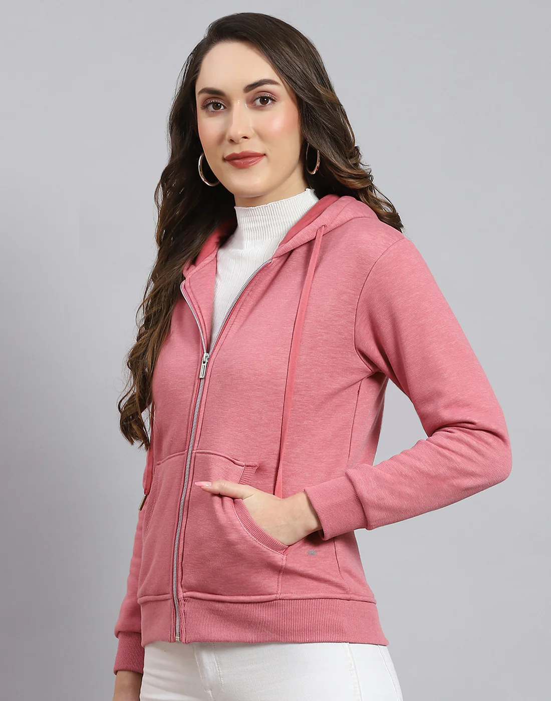 Women Pink Solid Hooded Full Sleeve Sweatshirt - Image 3