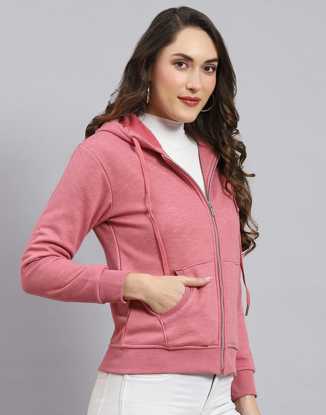 Women Pink Solid Hooded Full Sleeve Sweatshirt - Image 4
