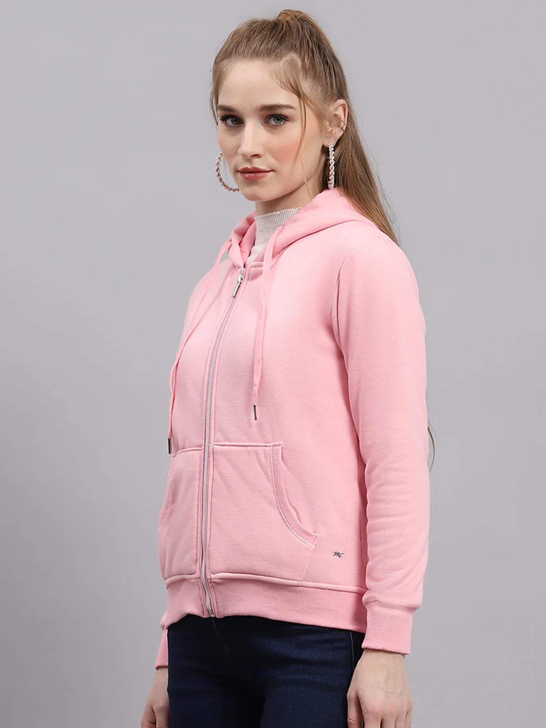 Women Pink Solid Hooded Full Sleeve Sweatshirt - Image 3