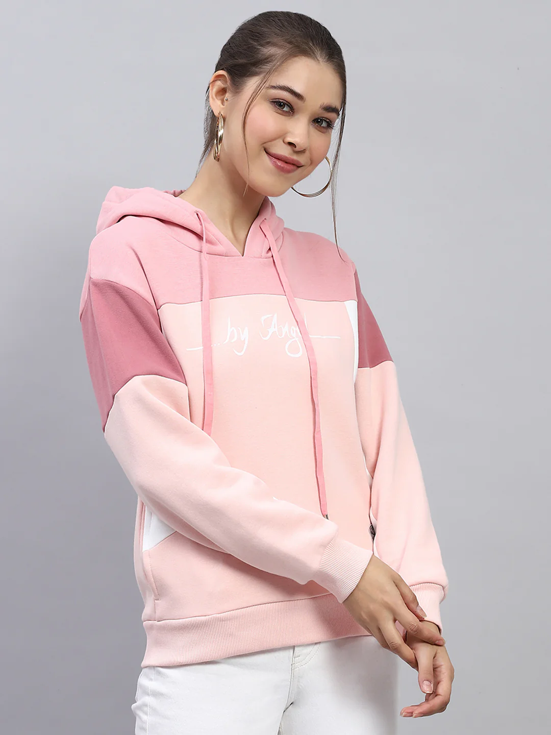 Women Pink Solid Hooded Full Sleeve Sweatshirt - Image 3