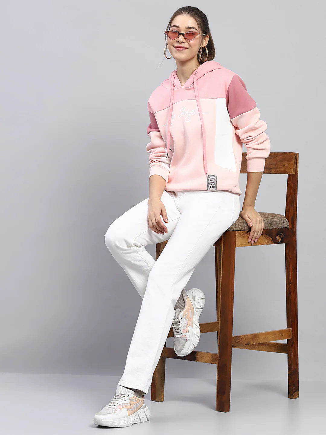 Women Pink Solid Hooded Full Sleeve Sweatshirt - Image 5