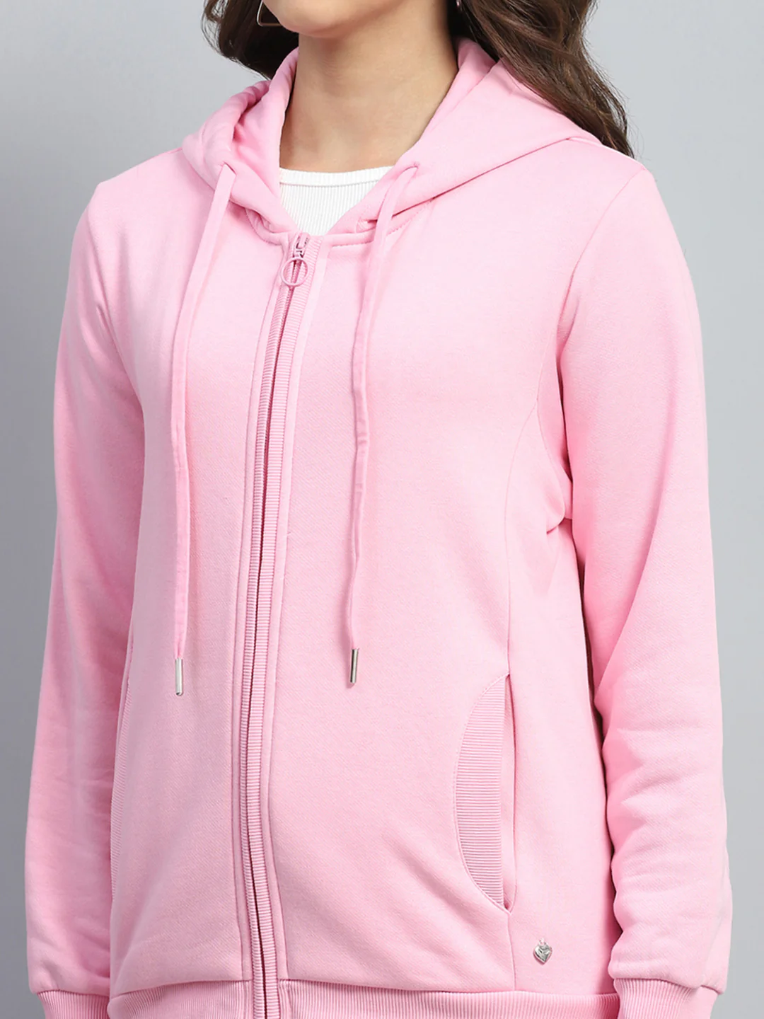 Women Pink Solid Hooded Full Sleeve Sweatshirt - Image 7