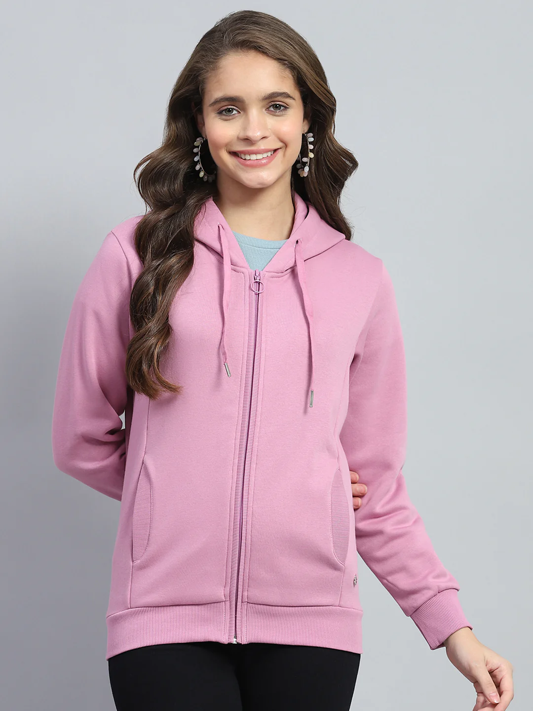 Women Pink Solid Hooded Full Sleeve Sweatshirt - Image 2