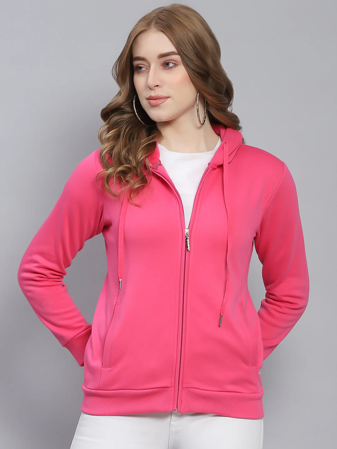 Women Pink Solid Hooded Full Sleeve Sweatshirts - Image 2