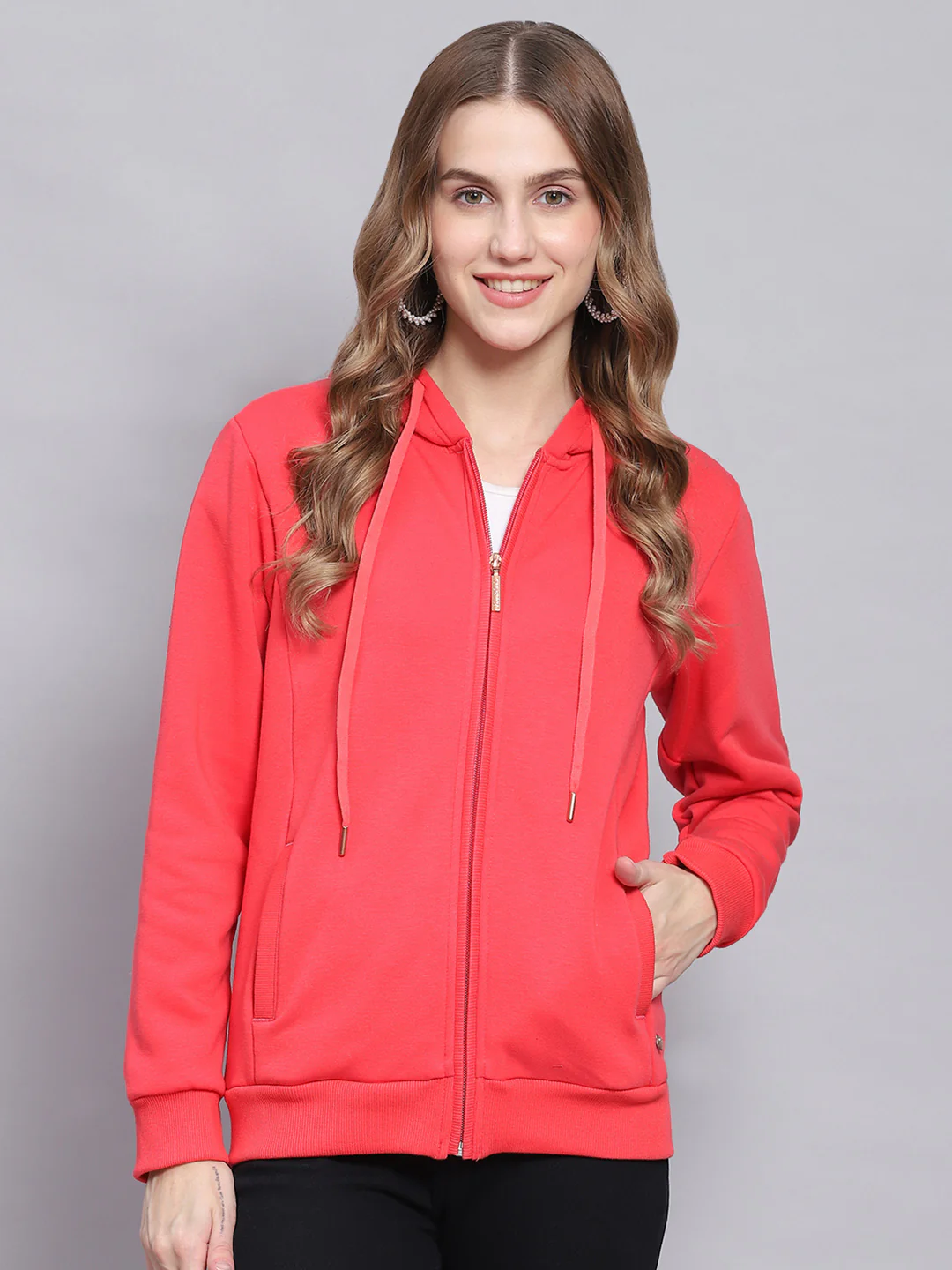 Women Pink Solid Hooded Full Sleeve Sweatshirts - Image 3