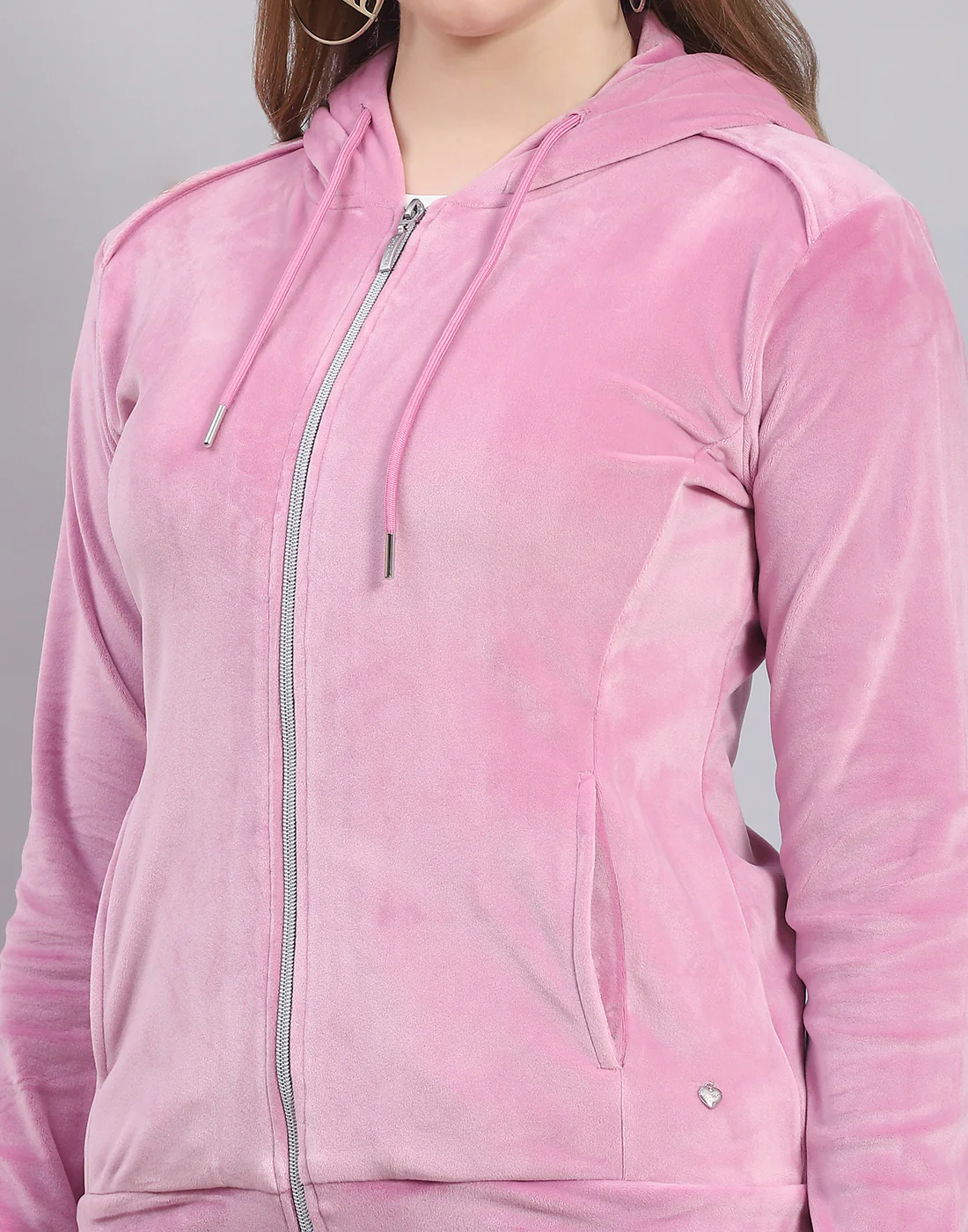 Women Pink Solid Hooded Full Sleeve Tracksuit - Image 6