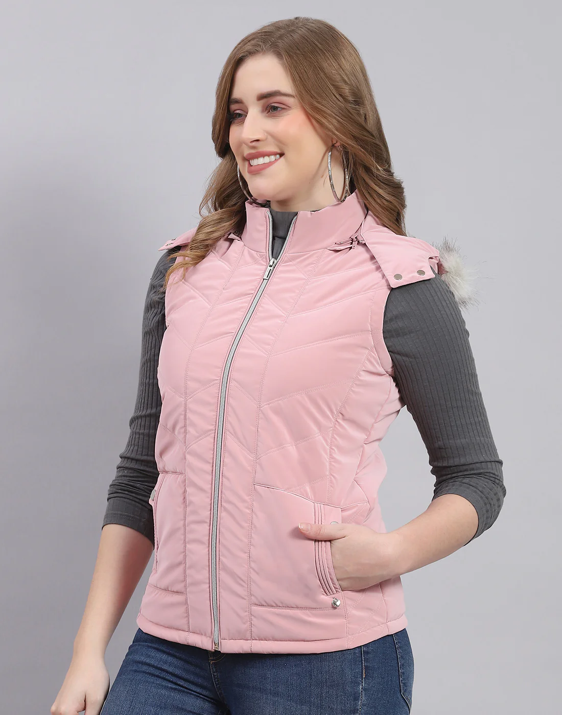 Women Pink Solid Hooded Sleeveless Jacket - Image 3