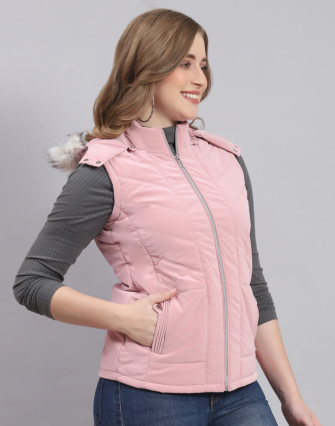 Women Pink Solid Hooded Sleeveless Jacket - Image 4