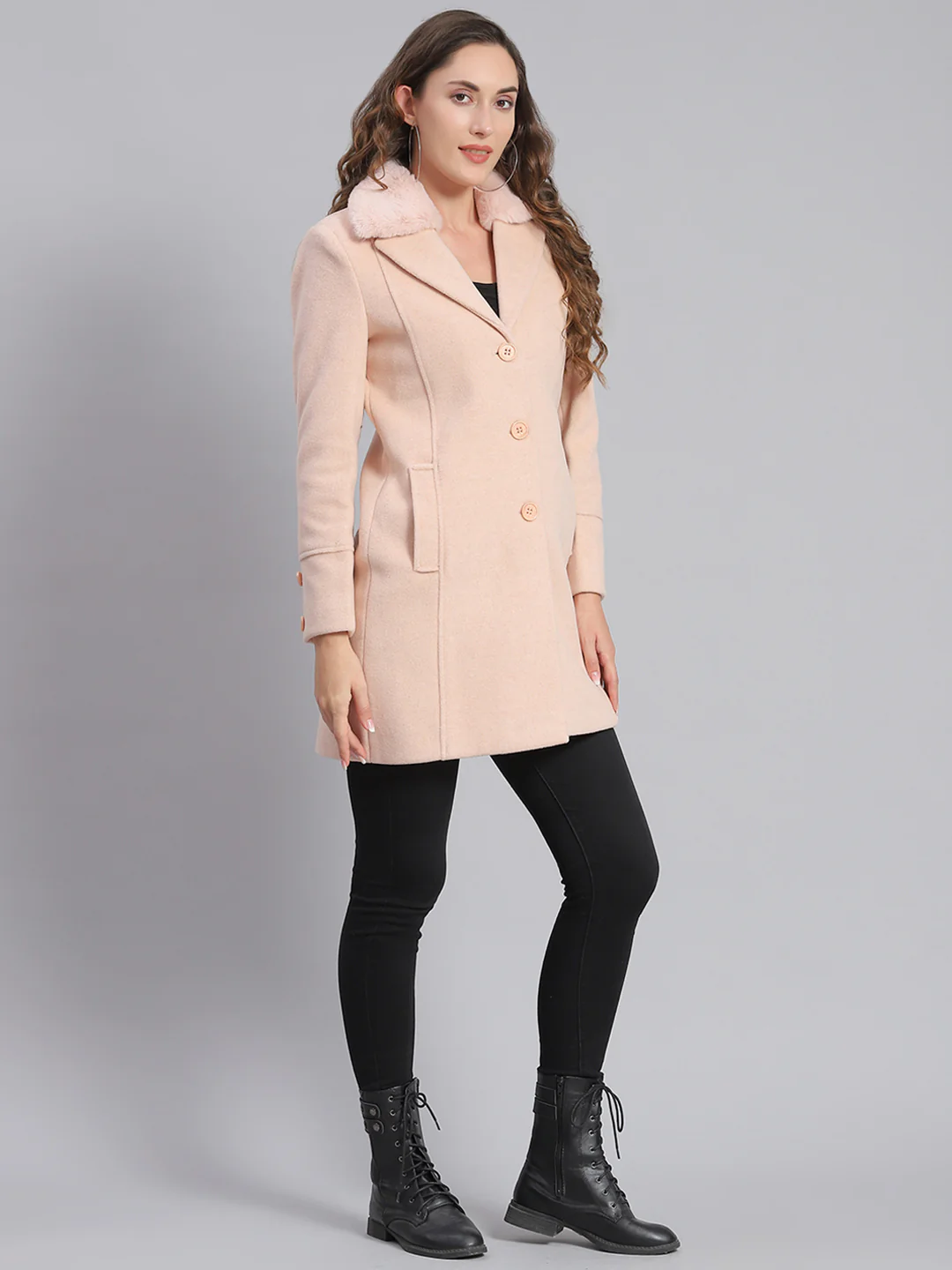 Women Pink Solid Lapel Collar Full Sleeve Coats - Image 4