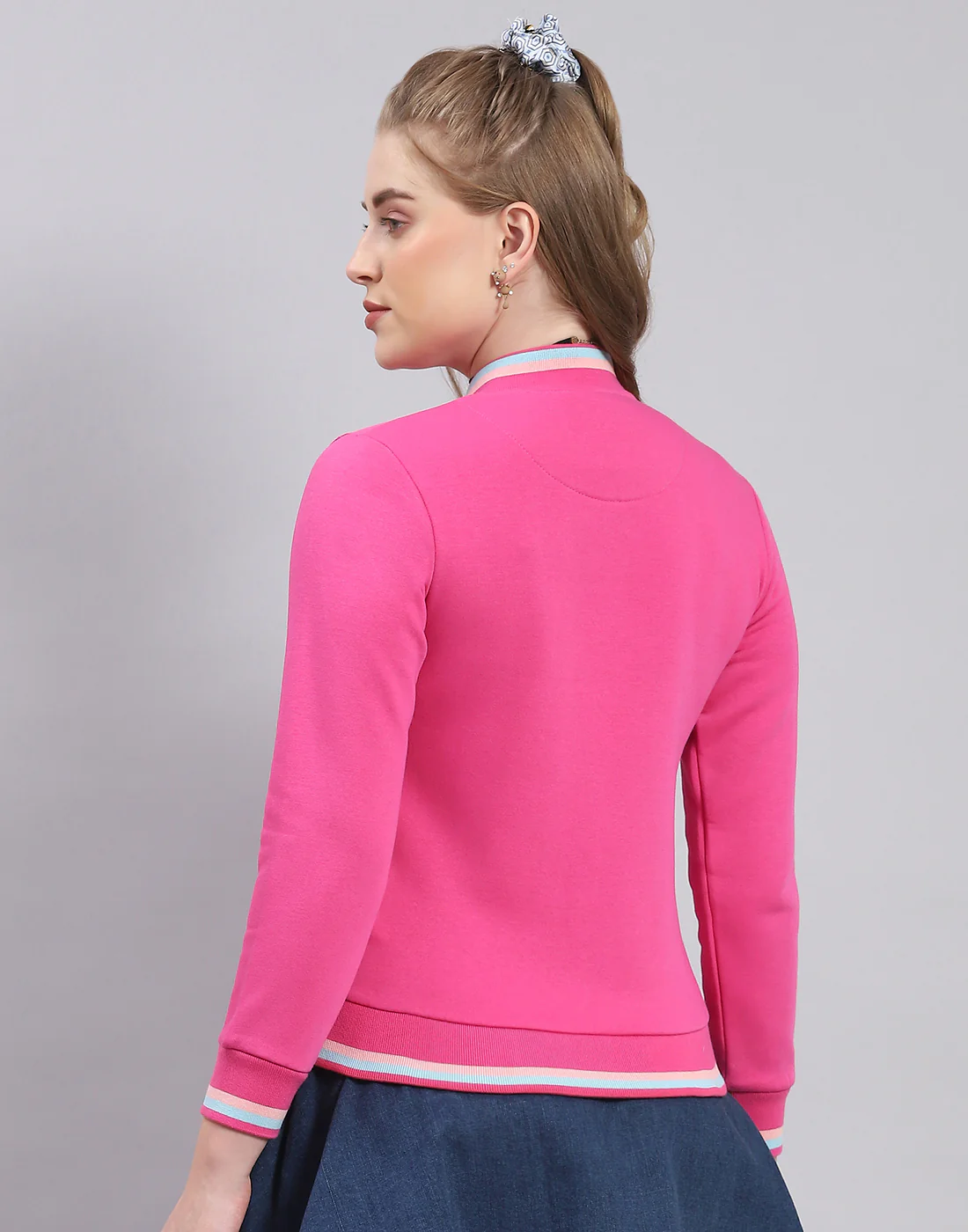 Women Pink Solid Mandarin Collar Full Sleeve Sweatshirt - Image 5