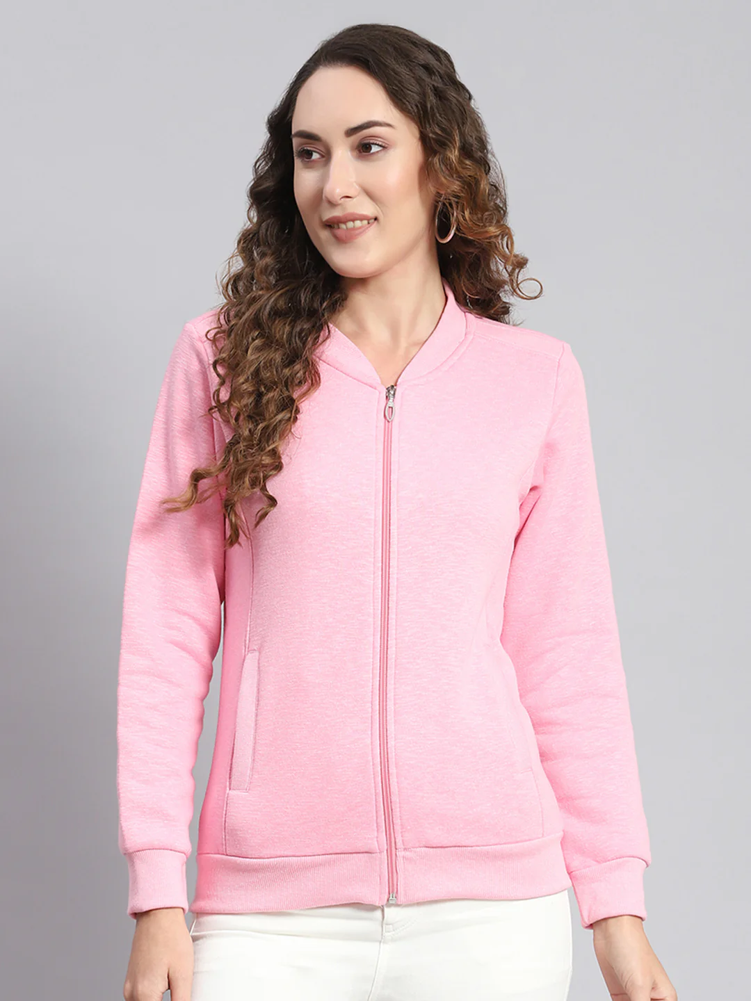 Women Pink Solid Mandarin Collar Full Sleeve Sweatshirts - Image 3