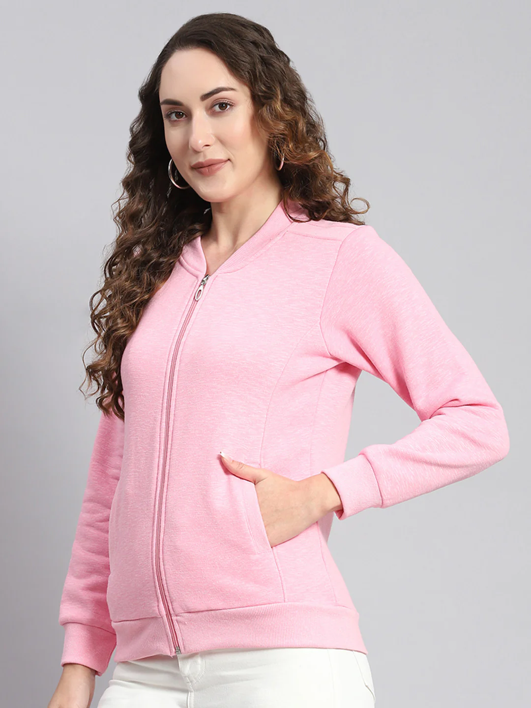 Women Pink Solid Mandarin Collar Full Sleeve Sweatshirts - Image 5