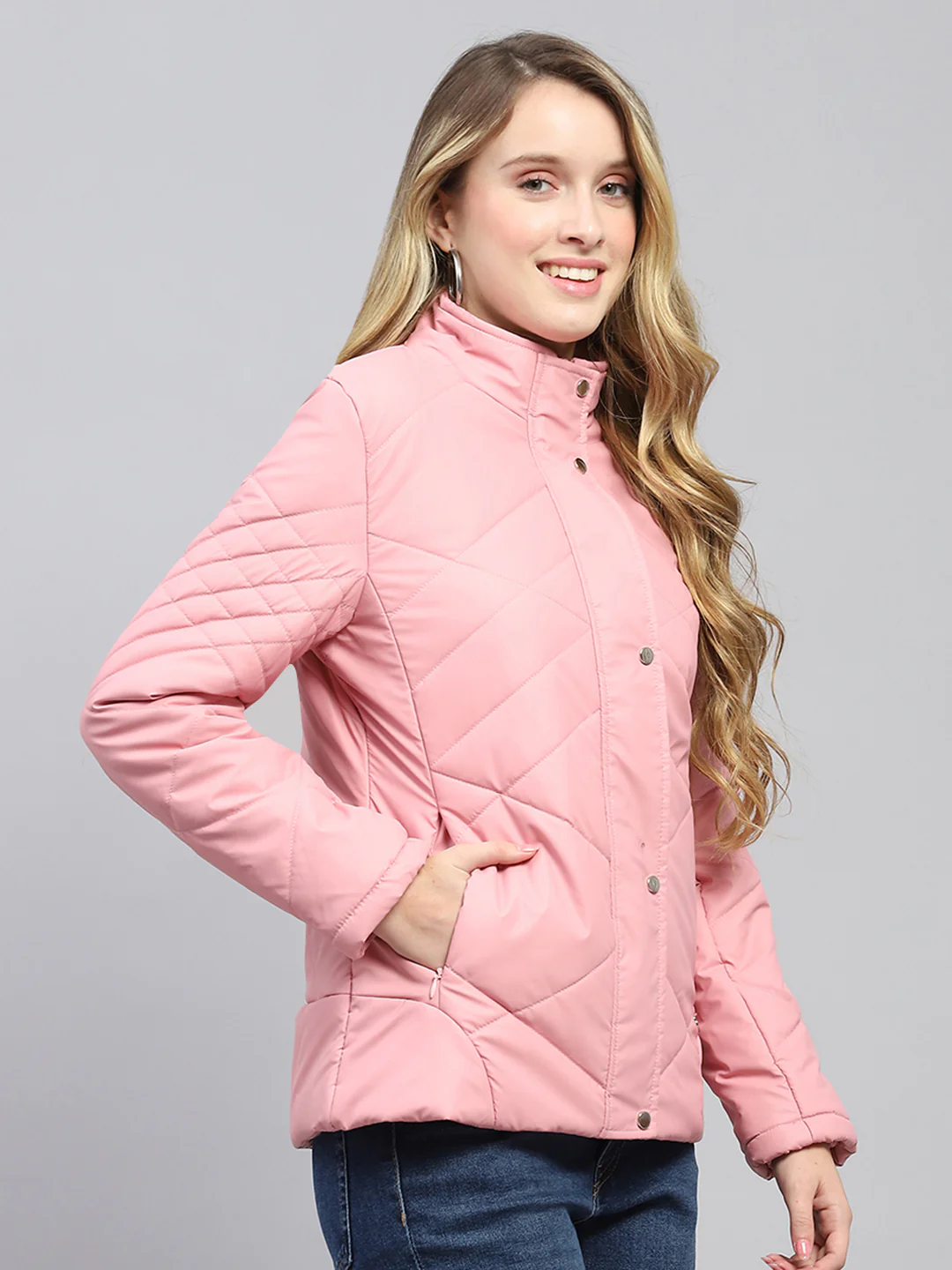 Women Pink Solid Mock Neck Full Sleeve Jacket - Image 4
