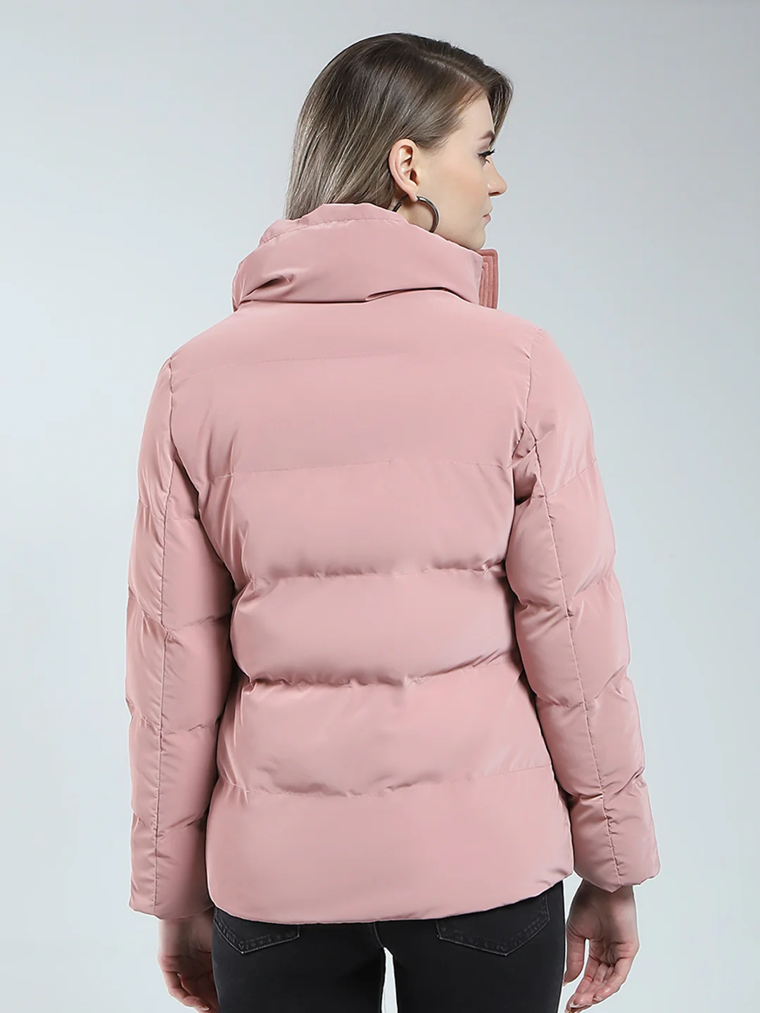 Women Pink Solid Mock Neck Full Sleeve Jacket - Image 5