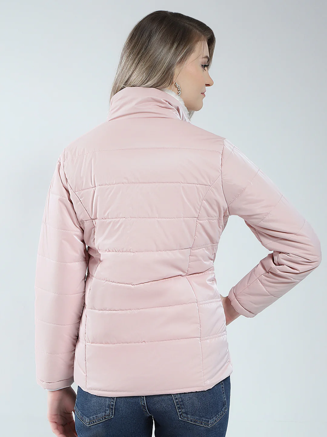 Women Pink Solid Mock Neck Full Sleeve Jacket - Image 5