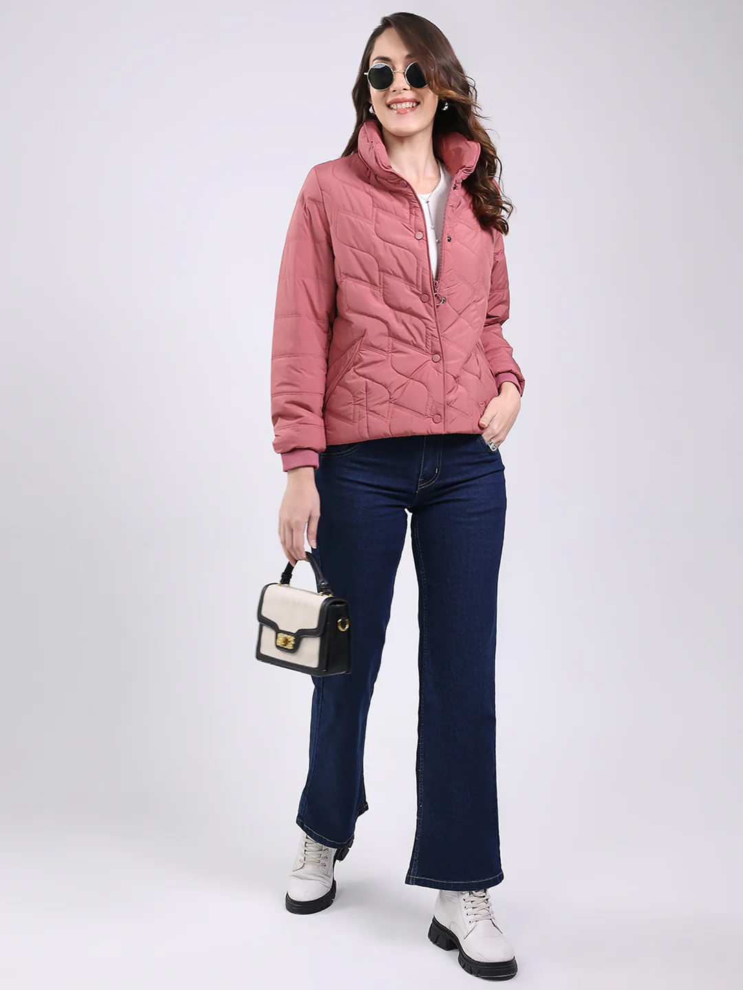 Women Pink Solid Mock Neck Full Sleeve Jacket - Image 6