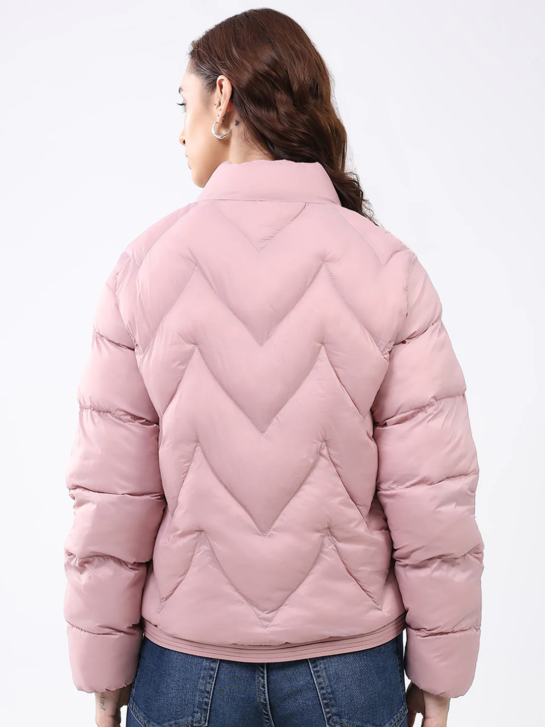Women Pink Solid Mock Neck Full Sleeve Jacket - Image 5