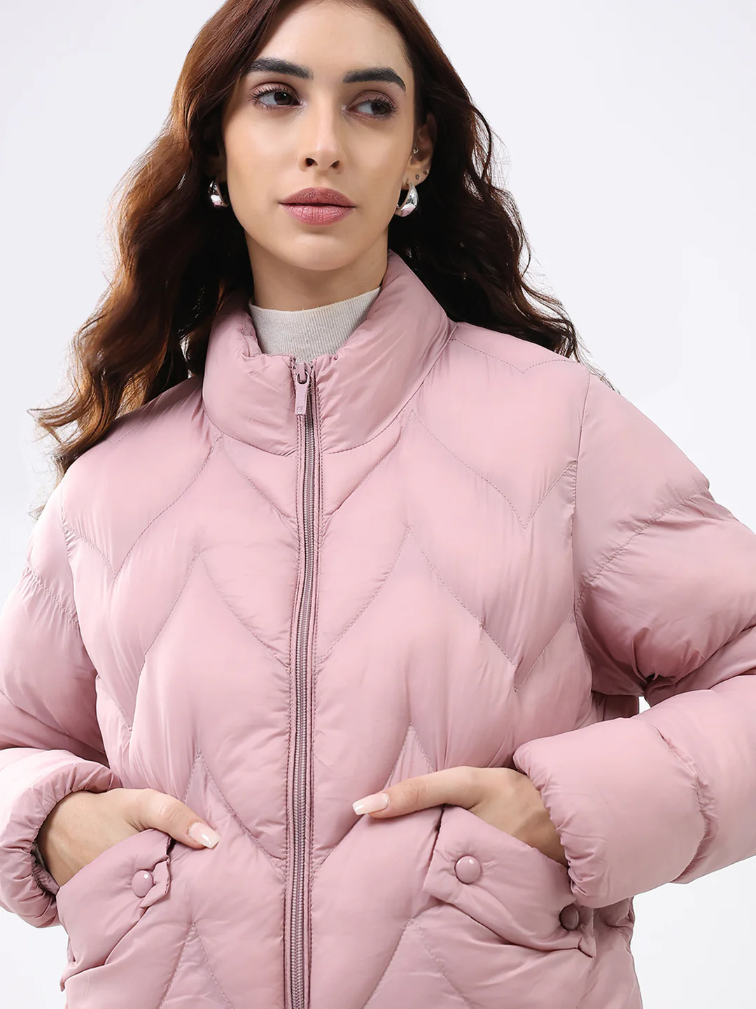 Women Pink Solid Mock Neck Full Sleeve Jacket - Image 7