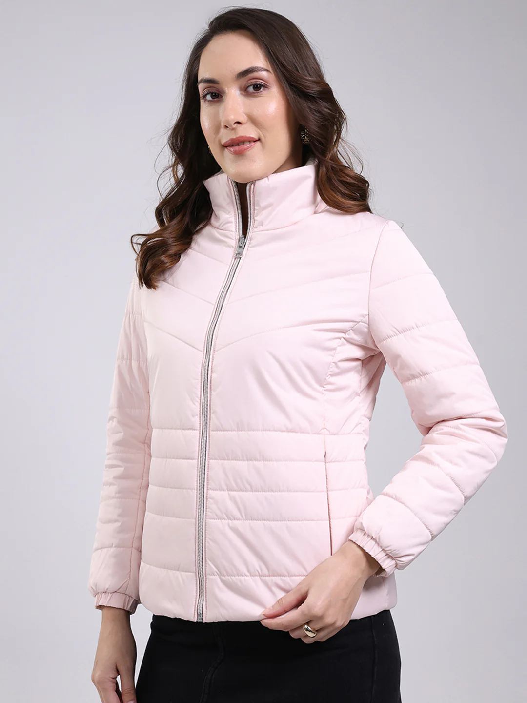 Women Pink Solid Mock Neck Full Sleeve Jacket - Image 3