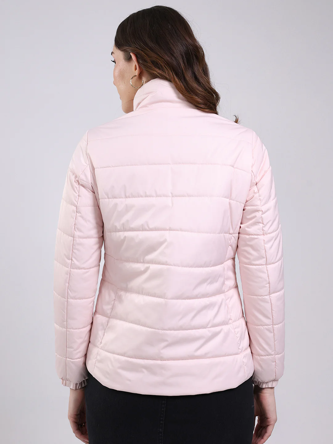Women Pink Solid Mock Neck Full Sleeve Jacket - Image 5