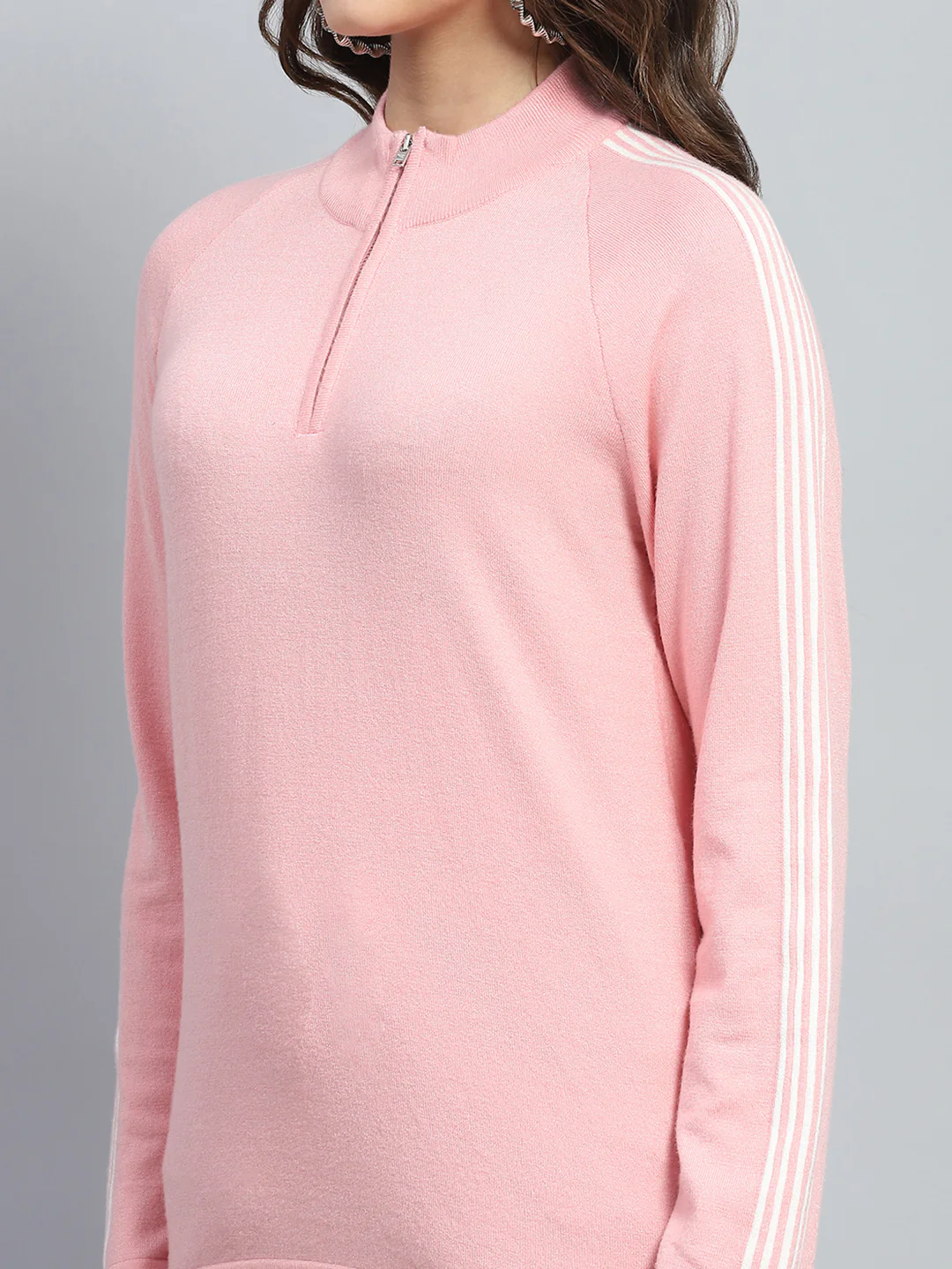 Women Pink Solid Mock Neck Full Sleeve Pullover - Image 6
