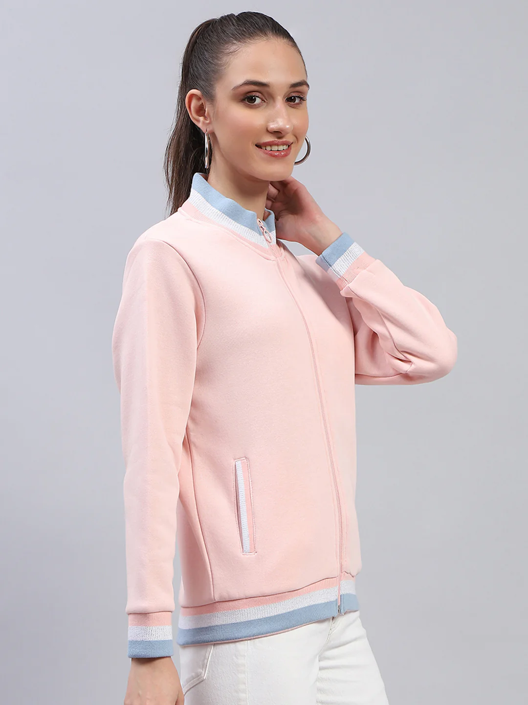 Women Pink Solid Mock Neck Full Sleeve Sweatshirt - Image 4