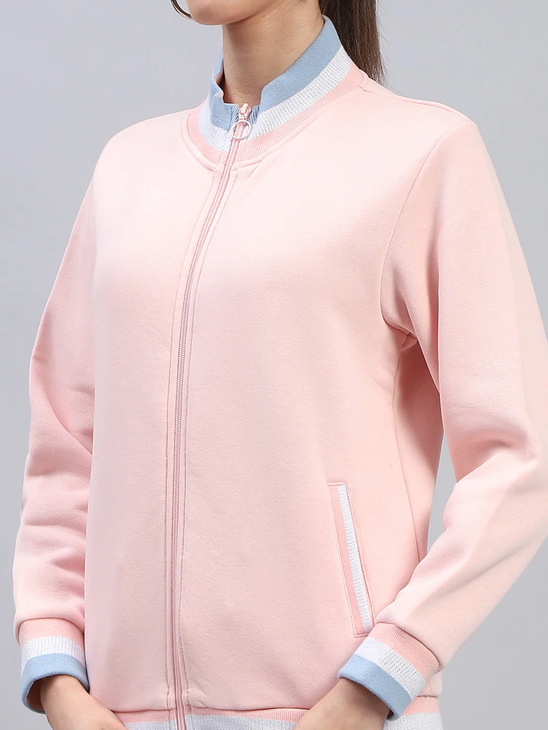 Women Pink Solid Mock Neck Full Sleeve Sweatshirt - Image 6
