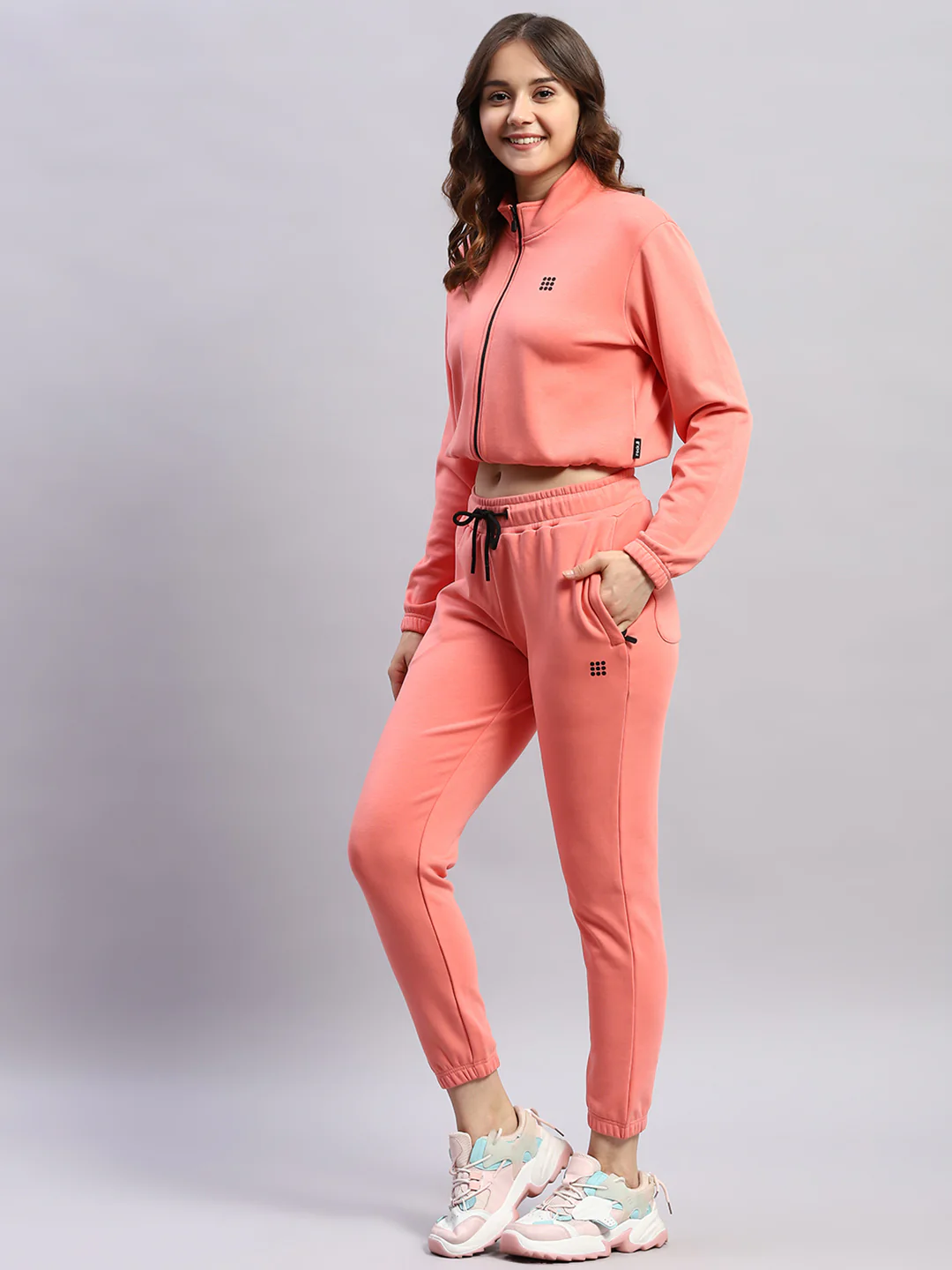 Rock.it Women Pink Solid Mock Neck Full Sleeve Tracksuit - Image 3