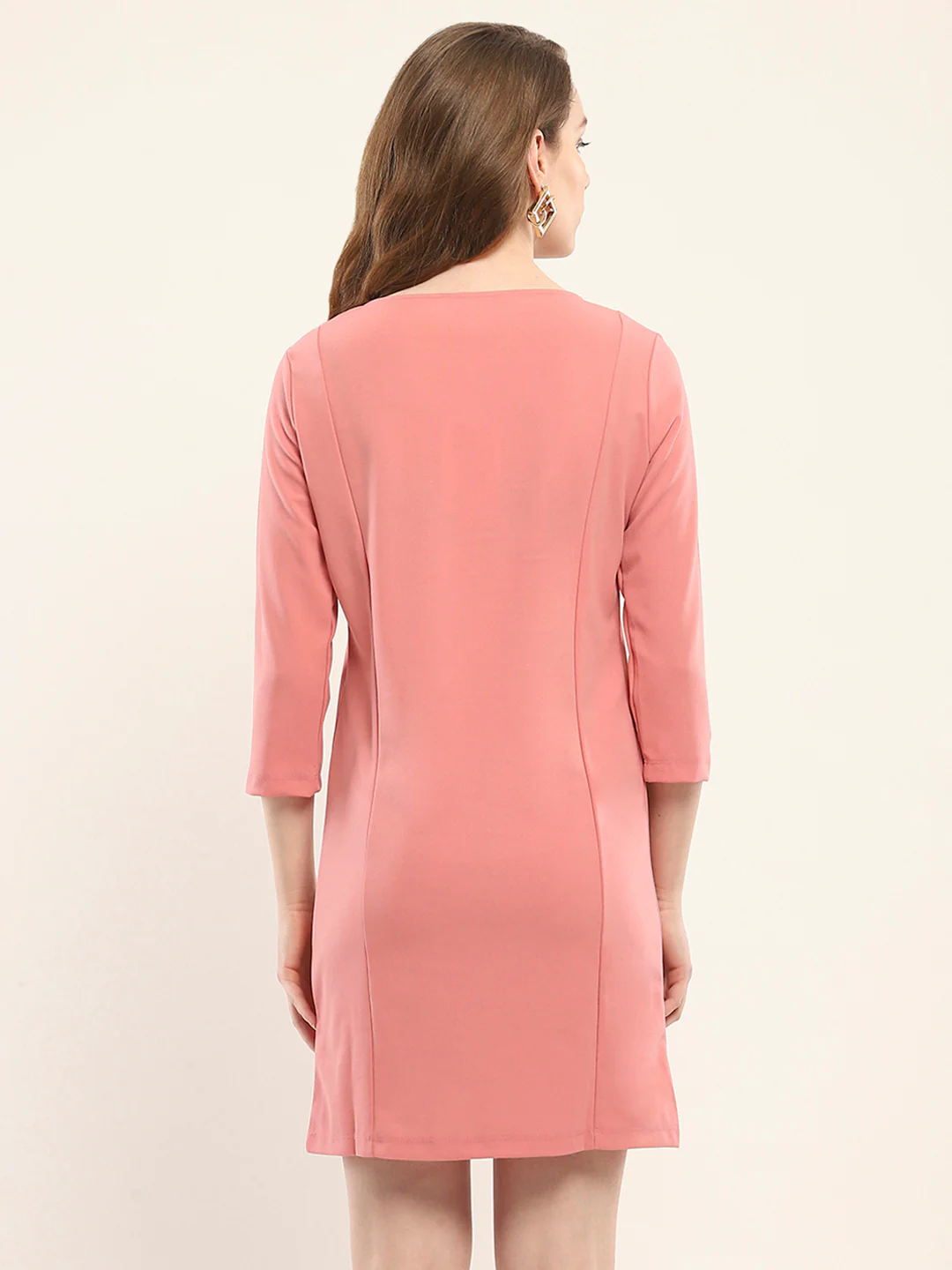 Women Pink Solid Round Neck 3/4th Sleeve Tunic - Image 5