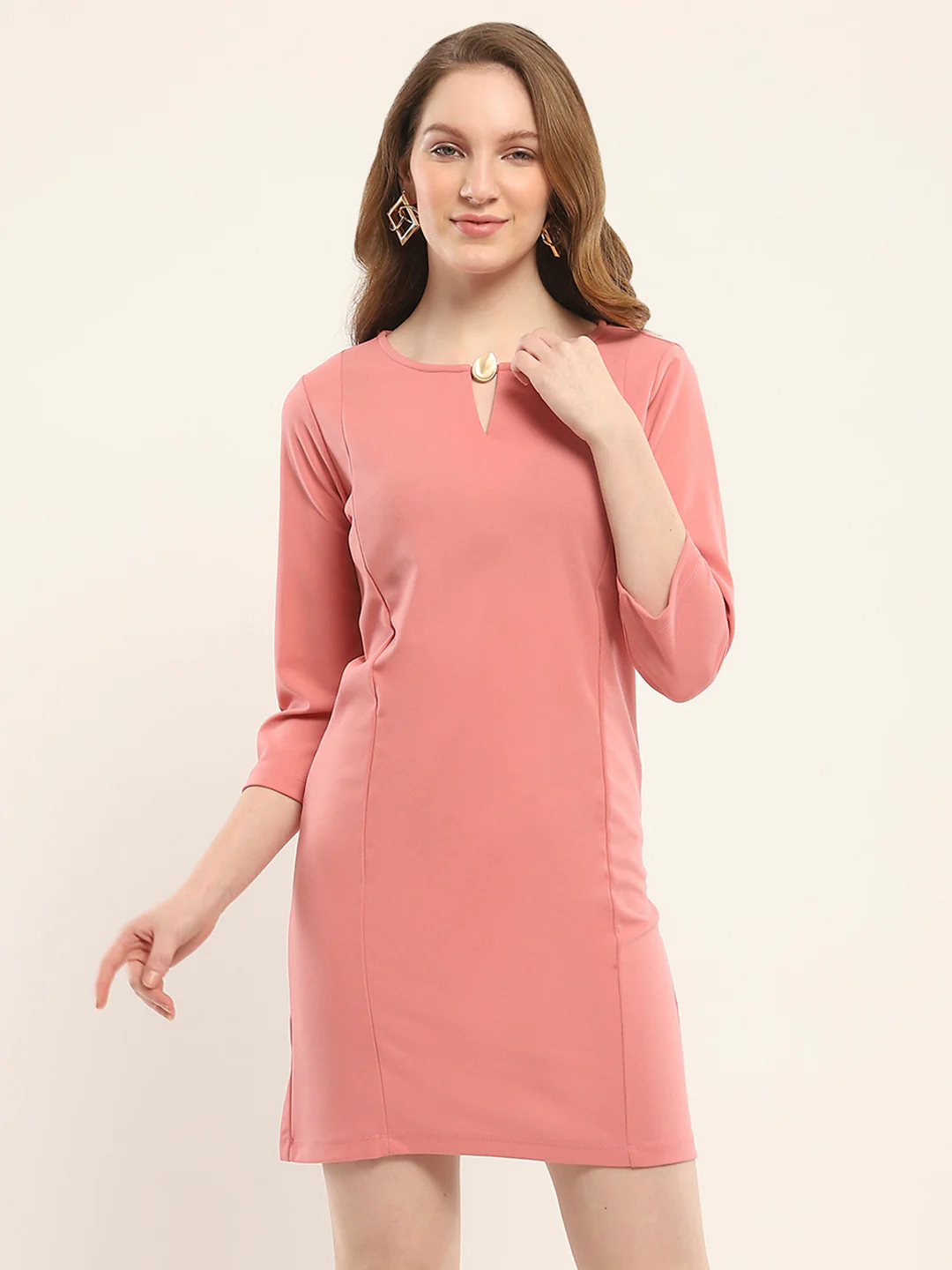 Women Pink Solid Round Neck 3/4th Sleeve Tunic - Image 6