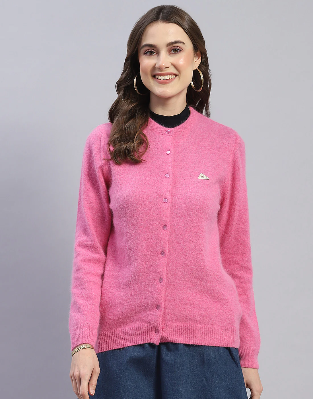 Women Pink Solid Round Neck Full Sleeve Cardigan - Image 3